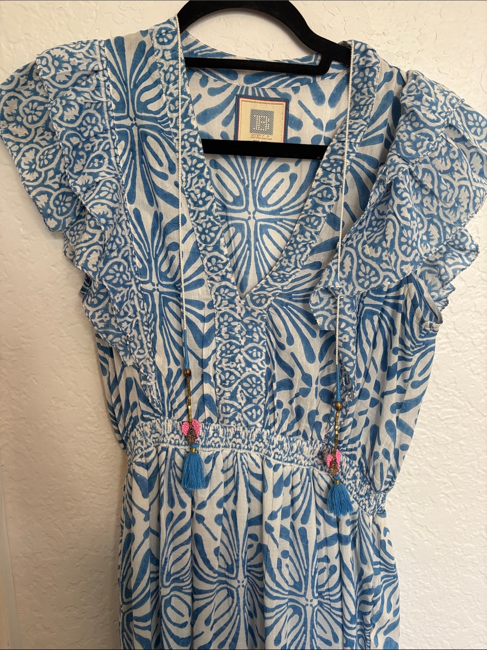 Bell by Alicia Bell Blue and White Printed Tassel V-Neck Dress -never worn